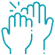 Multiple hands reaching upward in light blue, symbolizing teamwork and community support.