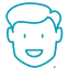 Simple blue line illustration of smiling man's face, dental care icon.