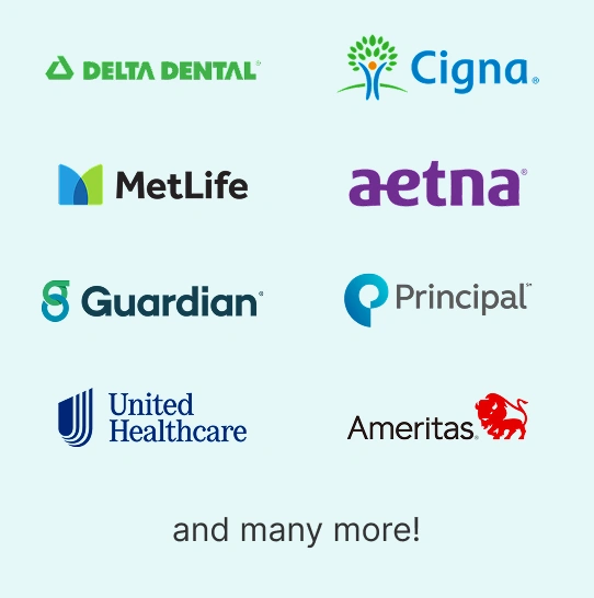 Major insurance provider logos including Delta Dental, Cigna, MetLife, Aetna, Guardian, Principal, United Healthcare, and Ameritas.